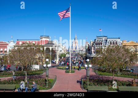 Cinderella's Castle from Main Street, U.S.A, Magic Kingdom, Walt Disney World Resort, Orange County, Orlando, Florida, United States of America Stock Photo