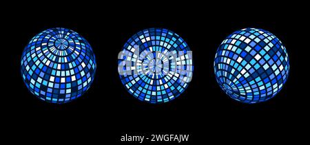 Blue green disco ball set. Collection of wireframe spheres in different angles. Grid globe or checkered ball bundle. Glowing mirrorball element pack for poster, banner, music cover, party. Vector Stock Vector