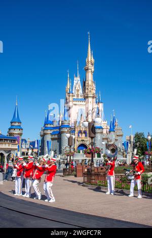 Main Street Philharmonic Band, Cinderella's Castle, Magic Kingdom, Walt Disney World Resort, Orange County, Orlando, Florida, United States of America Stock Photo