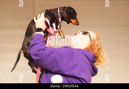 St. Louis, United States. 04th Feb, 2024. A woman holds up her Weiner Dog Blue after winning the Wiener Dog races at the Purina Pet Parade in the Soulard Neighborhood in St. Louis on Sunday, February 4, 2024. The Pet Parade allow hundreds of people to walk their pets in the parade, held days before the large Mardi Gras Parade. Photo by Bill Greenblatt/UPI Credit: UPI/Alamy Live News Stock Photo