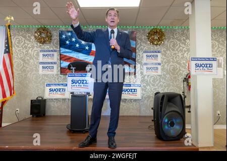 New York, United States. 04th Feb, 2024. Tom Suozzi speaks at an election rally in Floral Park. Early voting started Saturday February 3 for special election between Democrat's candidate former Rep. Tom Suozzi and Republican's candidate Mazi Pilip in the New York's 3rd congressional district to replace expelled Rep. George Santos. (Photo by Ron Adar/SOPA Images/Sipa USA) Credit: Sipa USA/Alamy Live News Stock Photo