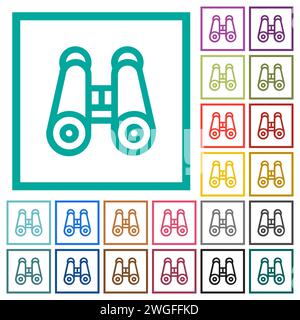 Binoculars outline flat color icons with quadrant frames on white background Stock Vector