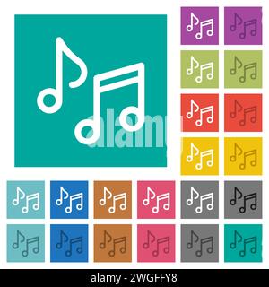 Music notes outline multi colored flat icons on plain square backgrounds. Included white and darker icon variations for hover or active effects. Stock Vector