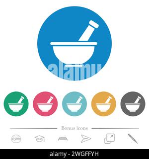 Mortar and pestle solid flat white icons on round color backgrounds. 6 bonus icons included. Stock Vector