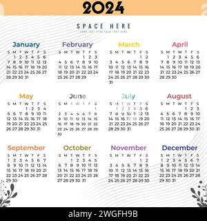 Calendar 2024 Simple planner design template, desk calendar 2024 year, wall calendar 2024 template, print media, advertisement. Stock Vector
