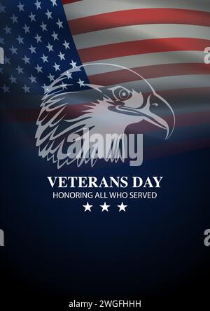 American bald eagle icon on fluttering american flag background, veterans day, vector illustration Stock Vector