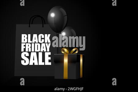Black Friday Sale, black gift box and shopping bag with balloons on black, New Year and Christmas theme Stock Vector