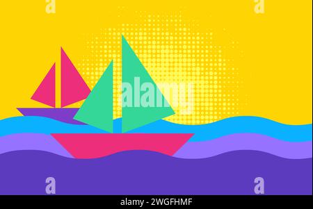 Abstract geometric sailboats in the ocean, punchy colors vector background Stock Vector