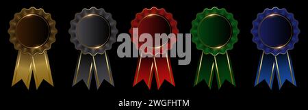 Rosette badge design in five colors, certification icon or logo, rewads, standardization, vector illustration Stock Vector