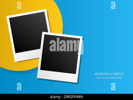Two blank photo frames template on simple blue and yellow background Stock Vector