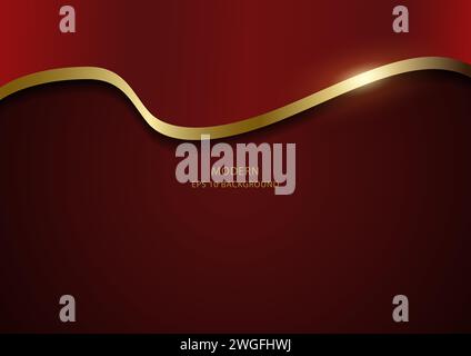 Luxurious abstract waving red cloth background with golden lines, vector illustration Stock Vector
