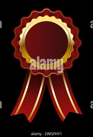 Rosette badge design in red color, certification icon or logo, rewads, standardization, vector illustration Stock Vector