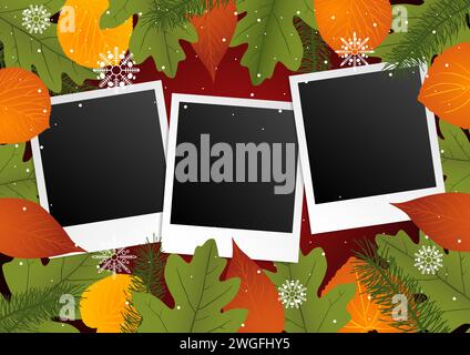Photo frame with leaves decoration for Christmas theme, vector illustration Stock Vector