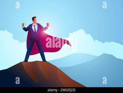 Businessman as a superhero standing on the top of a mountain, accomplishment, determination, conquer obstacles, vector illustration Stock Vector