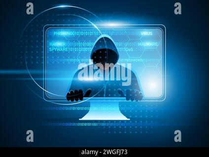 Futuristic vector illustration of hacker comes out of a computer screen, vector illustration Stock Vector