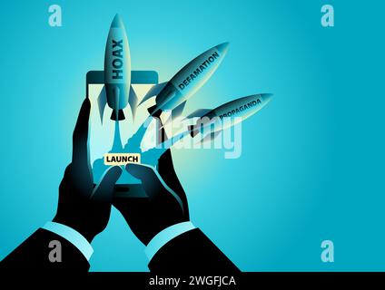 Hand using a smart phone to launch rockets that read hoax, defamation and propaganda, proxy war concept, digital and social media war. Stock Vector