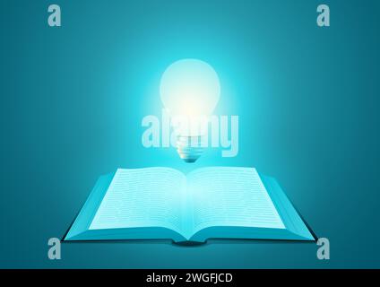 Open book with light bulb above it, knowledge, idea, intelligent concept, vector illustration Stock Vector