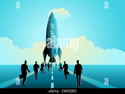 Business concept illustration of group of businessmen walking towards a rocket, start up business concept Stock Vector
