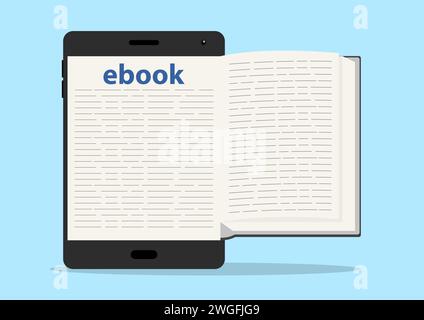 Opened ebook on digital electronic device, electronic book, digital technology, vector illustration Stock Vector