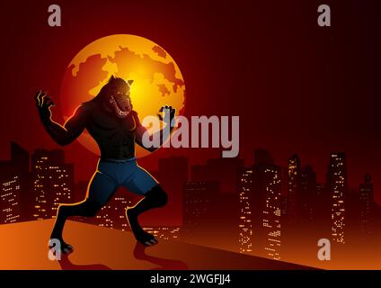 Silhouette of a werewolf standing on the edge of a building with night cityscape and full moon as the background Stock Vector
