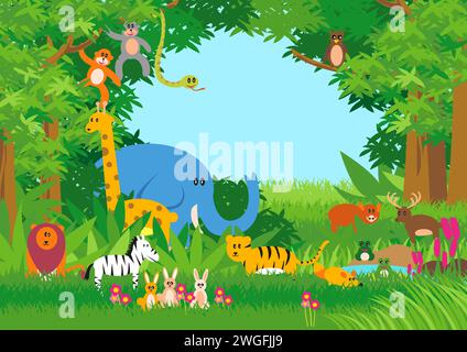 Kiddies cartoon illustration of animals in the jungle, vector illustration Stock Vector