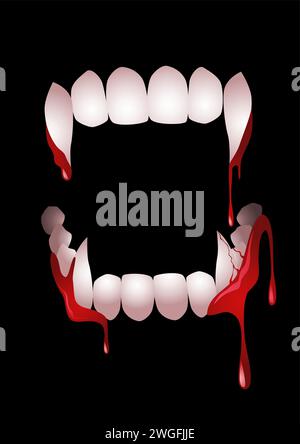 Vector illustration of bloody vampire teeth on black background, Halloween, horror theme Stock Vector