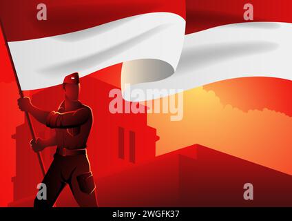 Indonesian National hero holding the flag of Indonesia, independence day, Indonesian national heroes day, vector illustration Stock Vector