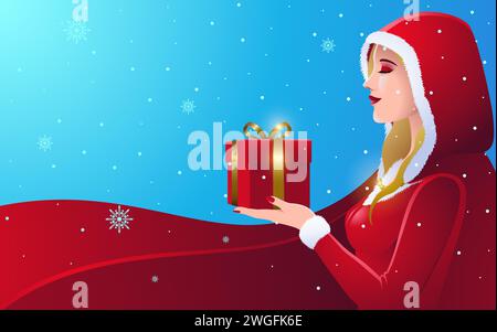 Beautiful woman with blonde long hair in the winter wearing red santa cloak, vector illustration Stock Vector