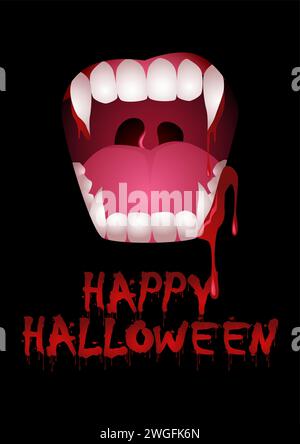 Vector illustration of bloody vampire teeth on black background, Halloween, horror theme Stock Vector