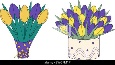 Set 2 tulips bouquets in wrapping paper and box. Design elements for springtime greetings or cards. Isolate. EPS. Sticker. Icon. Vector for poster, banner, brochures, billboards, promo or web, label Stock Vector