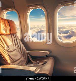 Airplane seats with sunlight streaming through windows Stock Photo