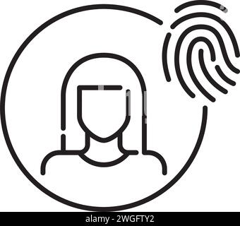 Biometric account access. Woman picture and fingerprint. Pixel perfect, editable stroke icon Stock Vector