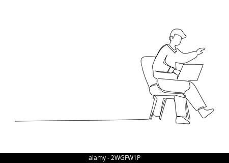 Man sits and work with laptop on his lap. Work from home concpet in business. Continuous line drawing of professional  vector illustration Stock Vector