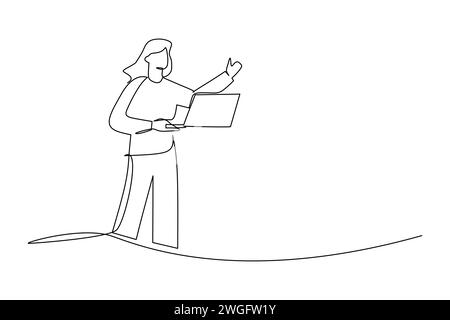 Woman speak while holds a laptop. Concept of communication in business. Simple line hand drawn style vector illustration Stock Vector