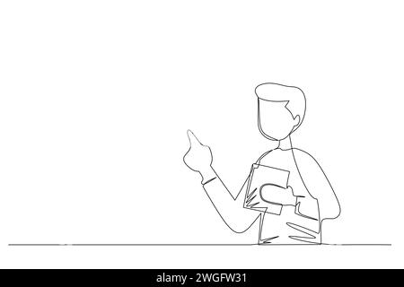 Single line drawing office workers standing with a document and pointing.  Young businessman cartoon character in flat style. Modern continuous line d Stock Vector
