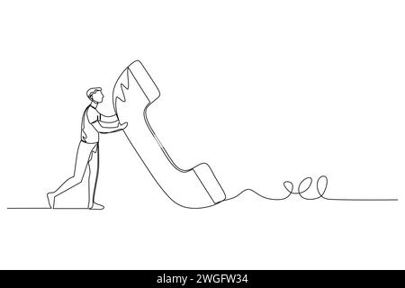 One single line drawing of a man holding old classic analog phone handling. Vintage retro telephone communication concept. Continuous line draw Stock Vector