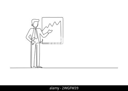 Continuous line drawing of a young businessman presenting a sales report with a graphic chart. Business meeting and presentation concept one line draw Stock Vector