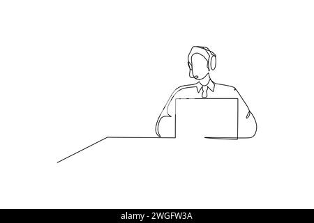 One single line drawing of young male customer service care working and  sitting in front of computer. Call center concept continuous line draw design Stock Vector