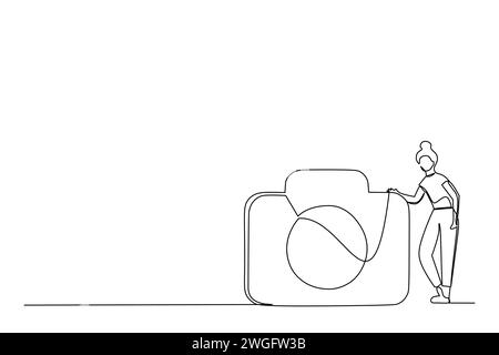 Continuous line drawing of a woman netxt to a DSLR photo camera and sample abstract. Professional digital photography session concept. Creative people Stock Vector