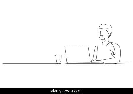 Continuous line drawing of young businessman sits in front of a laptop and a cup of coffee. employee thinking pensive in front of laptop monitor. Stock Vector