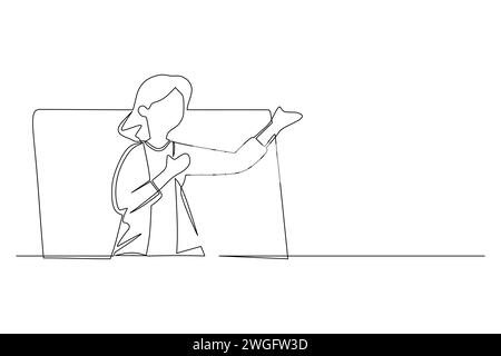 Continuous one line drawing young woman coming out of monitor screen . invite people offering product with discounts or sale. Marketing concept Stock Vector