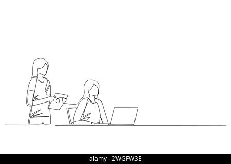 Continuous line drawing of two young female worker look at a laptop computer discussing about work together at the office. Job discussion concept Stock Vector