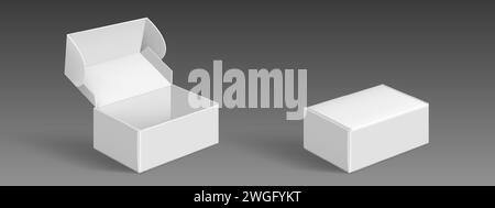 White cardboard box mockup set isolated on gray background. Vector realistic illustration of open and closed carton packages, mail delivery, gift packaging, parcel with blank surface, isometric view Stock Vector
