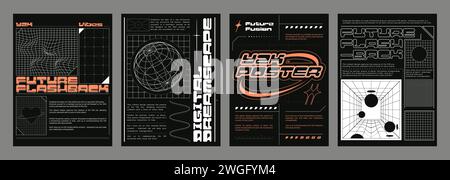 Y2k style techno banners set. Vector realistic illustration of retrowave aesthetic posters with orange text, sine wave lines and wireframe globe on black background, retro futuristic vibe flyers Stock Vector