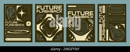 Retro futuristic vibe flyers set. Vector realistic illustration of y2k aesthetic techno banners, retrowave style poster with yellow wireframe globe, abstract geometric lines on black background Stock Vector