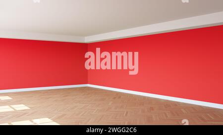 Corner of the Sunny Interior with Red Walls, a White Ceiling and Cornice, Glossy Herringbone Parquet Floor, and a White Plinth. Unfurnished Interior C Stock Photo