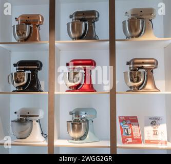 14.12.2019 Koblenz, germany - pattern of kitchen aid mixers with different pastel colors on white background in a shop. Stock Photo
