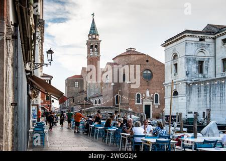 Restaurants along the Vena Canal, Chioggia, Italy Stock Photo