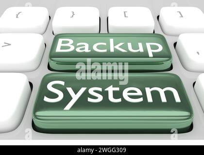 3D illustration of computer keyboard with the script Backup System on two green buttons. Stock Photo