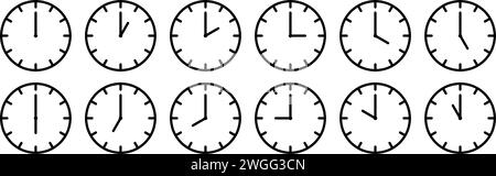 Clocks hands icon. Time sign for every hour. Stopwatch, clock faces set. Evening, morning and noon time. Simple hour icons. Vector illustration Stock Vector